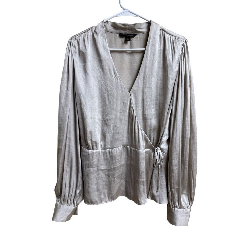 Banana Republic Wrap Blouse Womens L Beige Satin Long Sleeve Tie Waist
